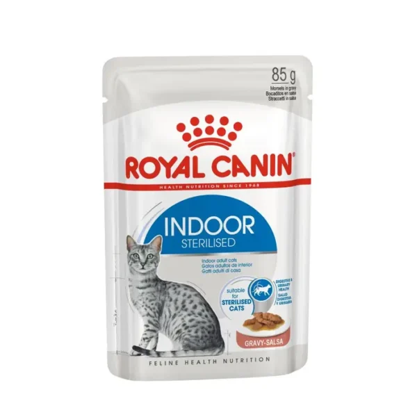 Royal Canin Indoor Sterilised Adult Wet Cat Food in Gravy 12x85g Pouches - Image 2